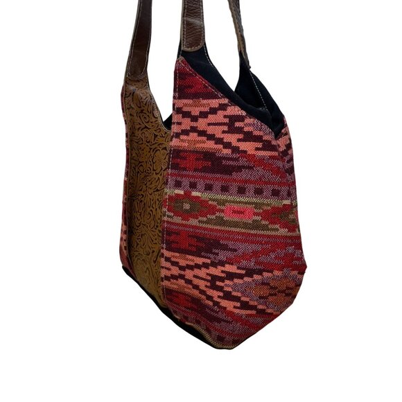 Pokoloko Women’s Multicolor Fabric & Leather Boho Pattern Handmade Tote Bag Sz M - Picture 2 of 10